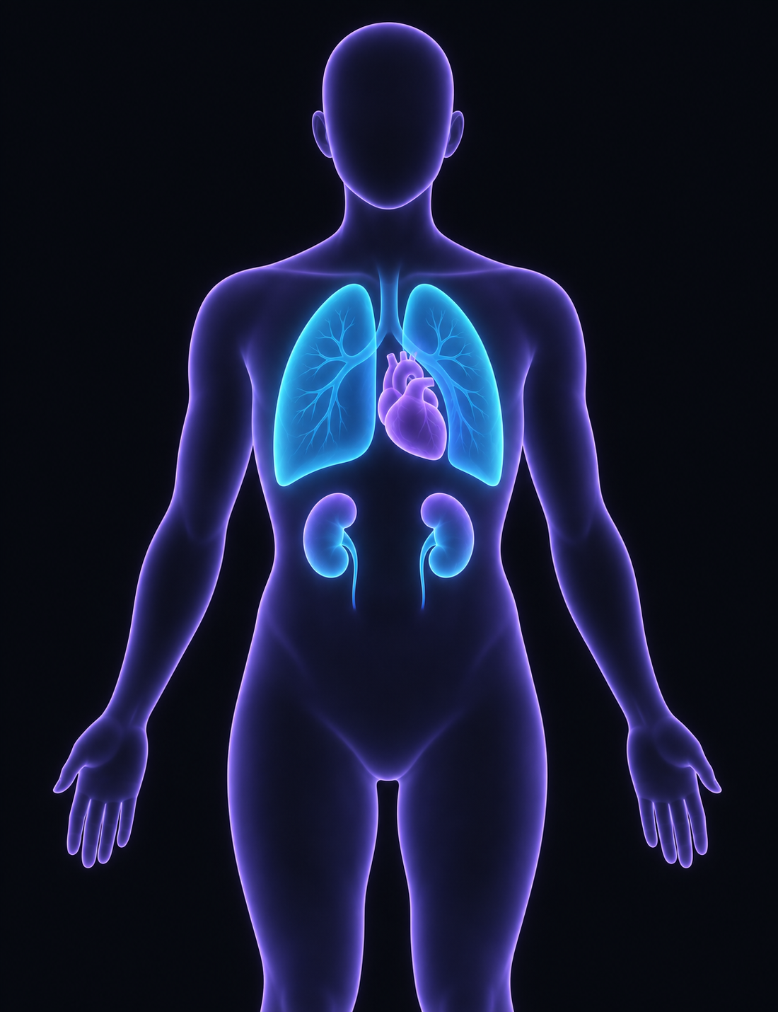 Simplified front view of a person showing the lungs in the chest, the heart between them, and two kidneys below the ribs.
