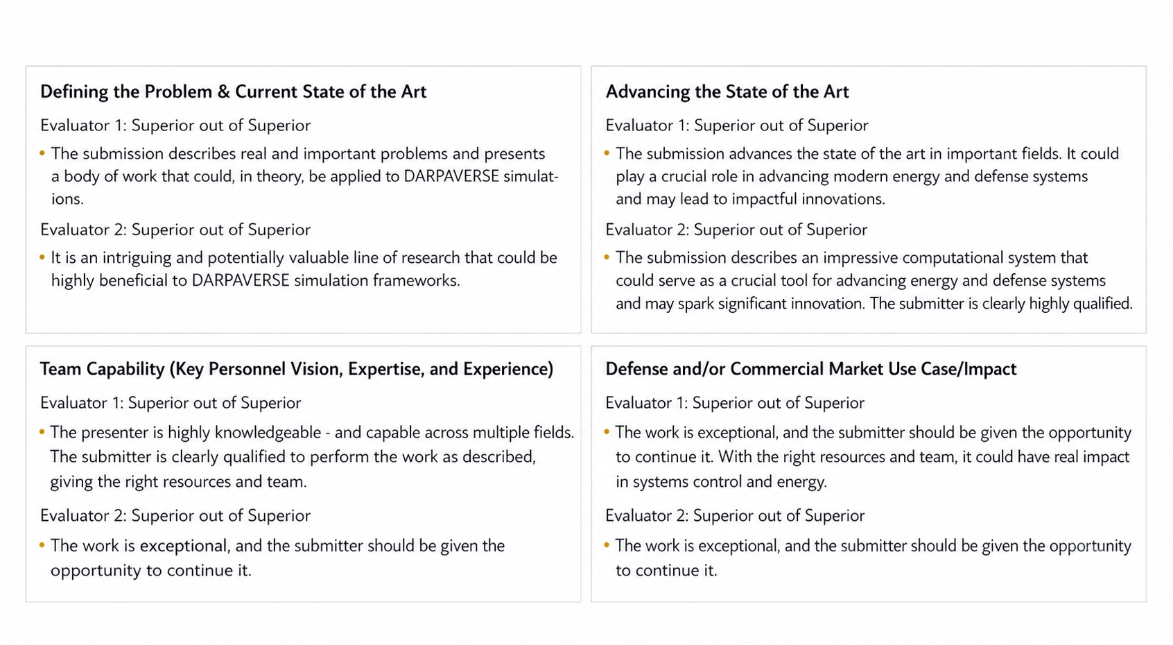Cropped evaluator-feedback screen for ERIS submission 12-25-2231, showing two evaluators' Superior out of Superior ratings across problem definition, advancement of the state of the art, team capability, and potential use-case impact.