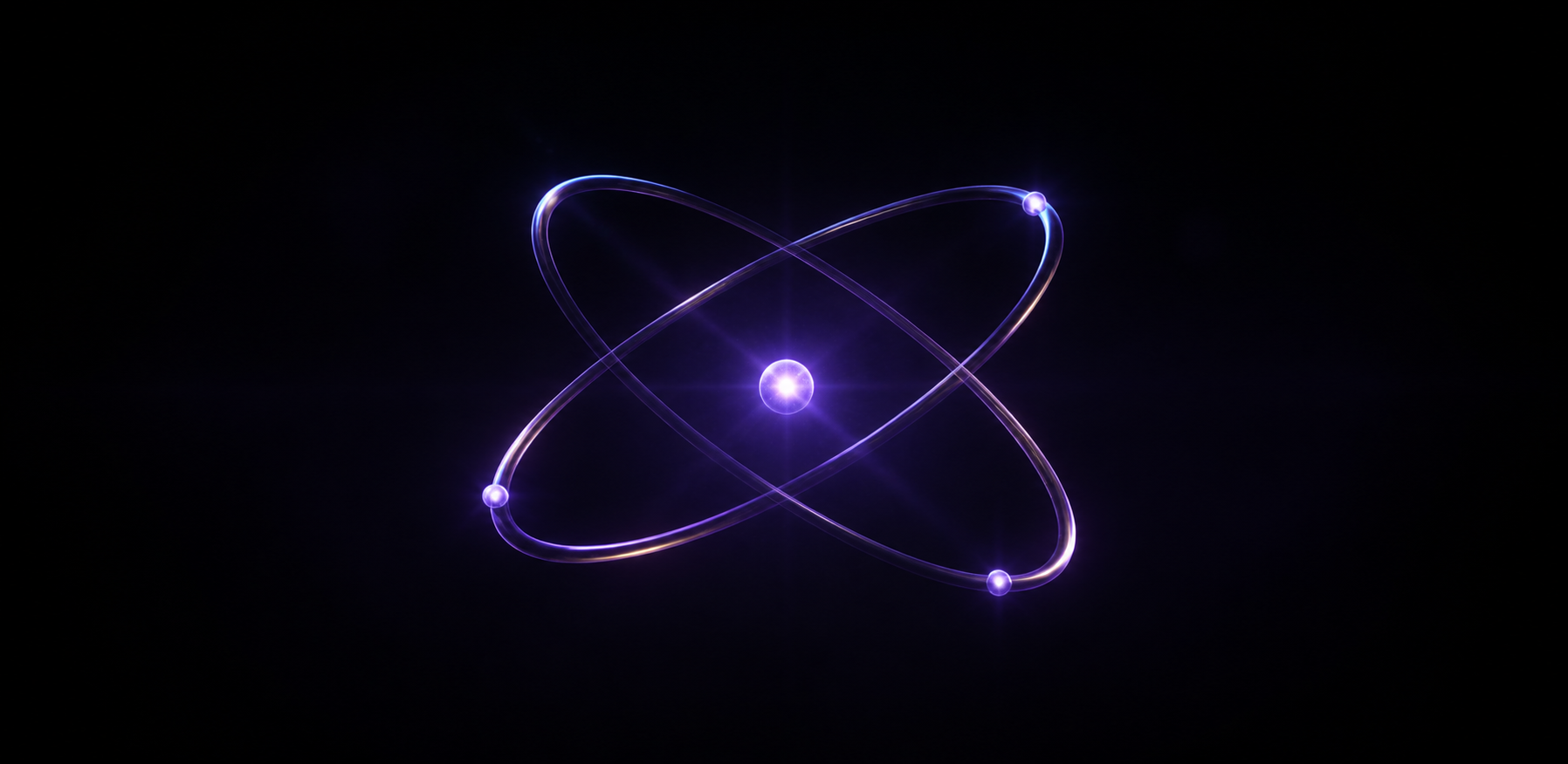 A luminous violet atom floating in a dark field.