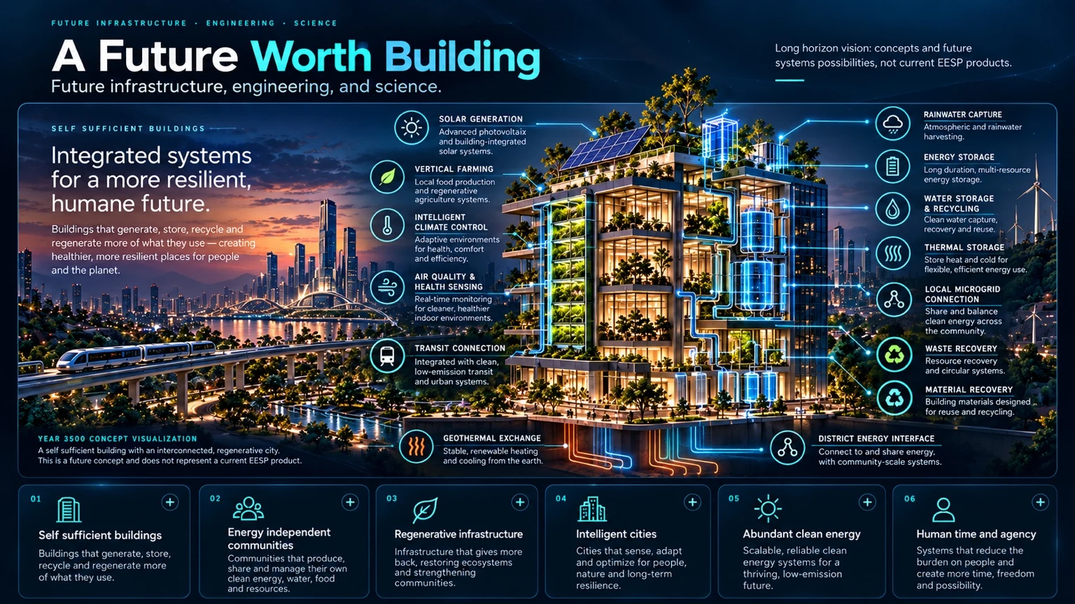Year 3500 concept visualization titled A Future Worth Building. A self sufficient building is shown within a connected regenerative city with solar generation, vertical farming, intelligent climate control, air quality and health sensing, transit connection, rainwater capture, energy storage, water storage and recycling, thermal storage, local microgrid connection, waste and material recovery, geothermal exchange, district energy interface, and intelligent sensing and control. The graphic also presents long horizon concepts for self sufficient buildings, energy independent communities, regenerative infrastructure, intelligent cities, abundant clean energy, and human time and agency. These are future systems possibilities, not current EESP products.