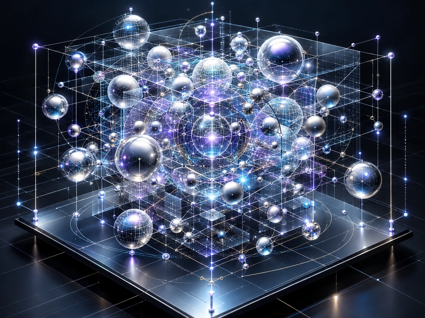 Recreated conceptual projection of a high dimensional quantum state space, shown as glass-like spheres, relational lines, and geometric scaffolding