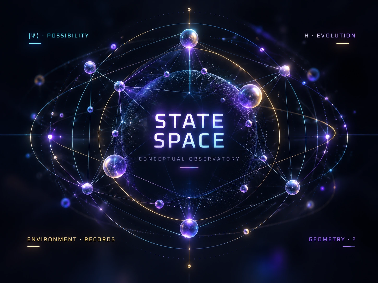 Conceptual state space observatory with luminous nodes, relational lines, and abstract orbital guides